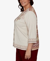 Alfred Dunner Plus Union Square Medallion Embroidered Printed Back Top