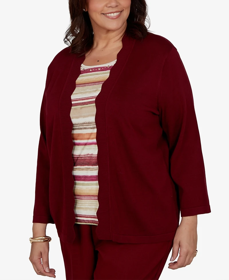 Alfred Dunner Plus Union Square Scalloped Cardi Two One Striped Sweater