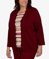 Alfred Dunner Plus Union Square Scalloped Cardi Two One Striped Sweater