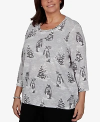 Alfred Dunner Plus Classic Penguins and Trees Knit Top