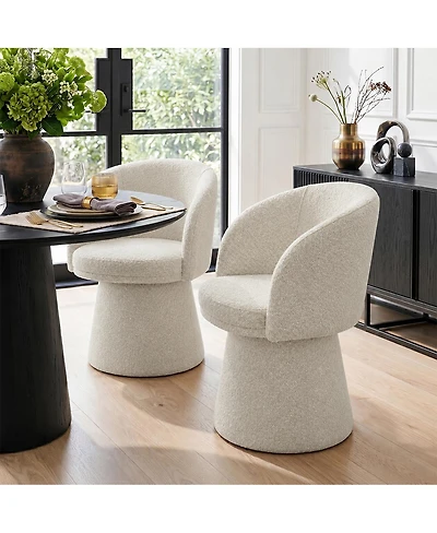 Maison Boucle Swivel Dining Chairs Set of 2, Boucle Upholstery With Barrel Back, 360-Degree Swivel Accent Chairs With Upholstered Pedestal Base