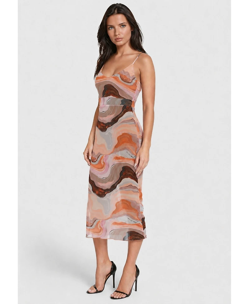 Bebe Women's Printed Mesh V-Neck Midi Dress