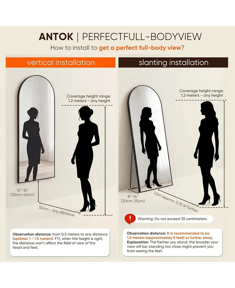 Antok Full Length Mirror, 76"x44" Floor Mirror for Bedroom, Hanging Mounted for Living Room Cloakroom