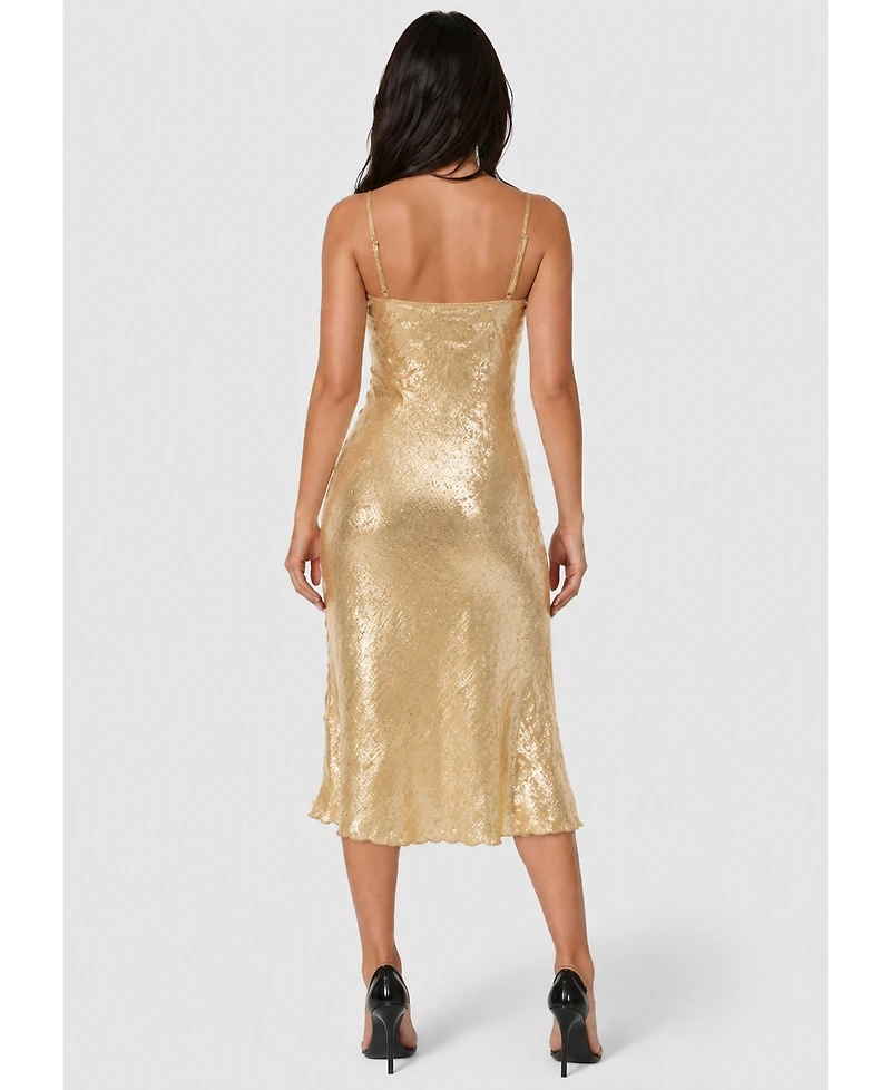 Bebe Women's Foil Finish Cowl Neck Midi Slip Dress