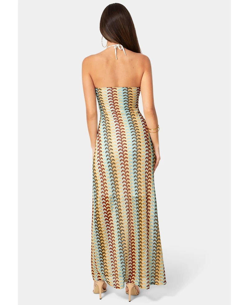 Bebe Women's Crochet Stripe Halter A-Line Maxi Dress