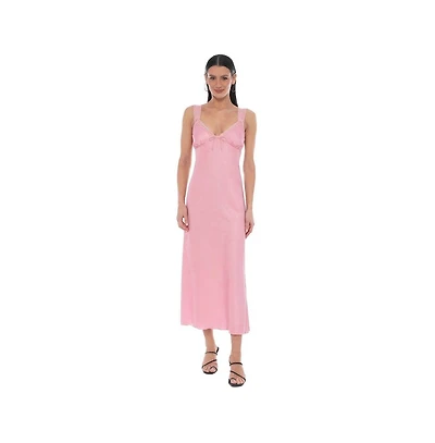 Bebe Women's Crushed Satin Slip Midi Lace-Trimmed V-Neck Dress