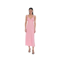 Bebe Women's Crushed Satin Slip Midi Lace-Trimmed V-Neck Dress