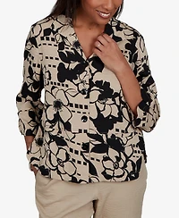 Alfred Dunner Petite Travel Advisory Geo Floral Button Front Top