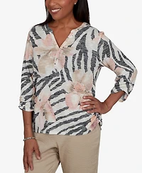 Alfred Dunner Petite Travel Advisory Animal Floral Henley Top
