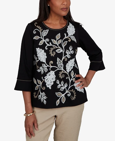 Alfred Dunner Petite Travel Advisory Scroll Leaf Embroidered Top