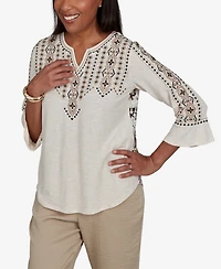 Alfred Dunner Petite Travel Advisory Geo Embroidered Printed Back Top