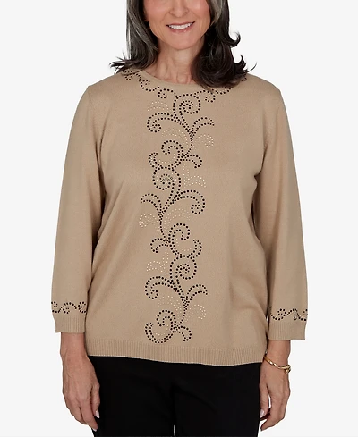 Alfred Dunner Petite Travel Advisory Beaded Scroll Embellished Sweater