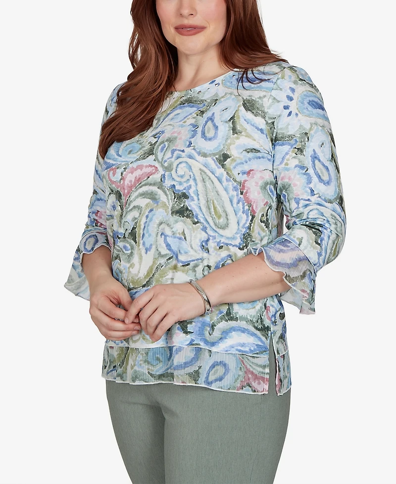 Alfred Dunner Petite Provence Paisley Woven Trim Knit Top