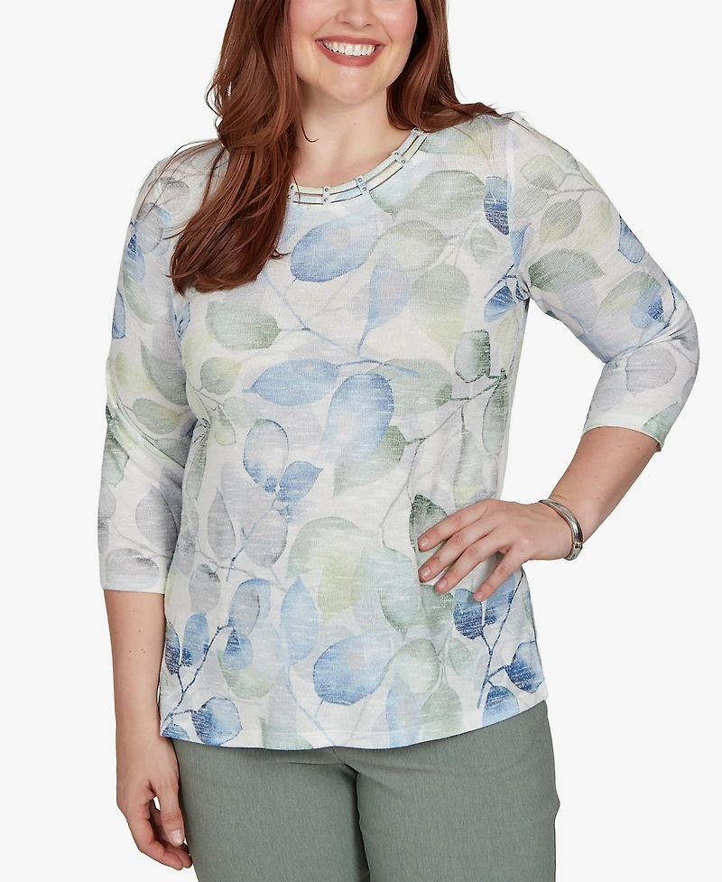 Alfred Dunner Petite Provence Watercolor Allover Leaf Print Top