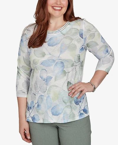 Alfred Dunner Petite Provence Watercolor Allover Leaf Print Top