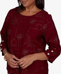 Alfred Dunner Petite Union Square Sparkle Soutache Geo Floral Top