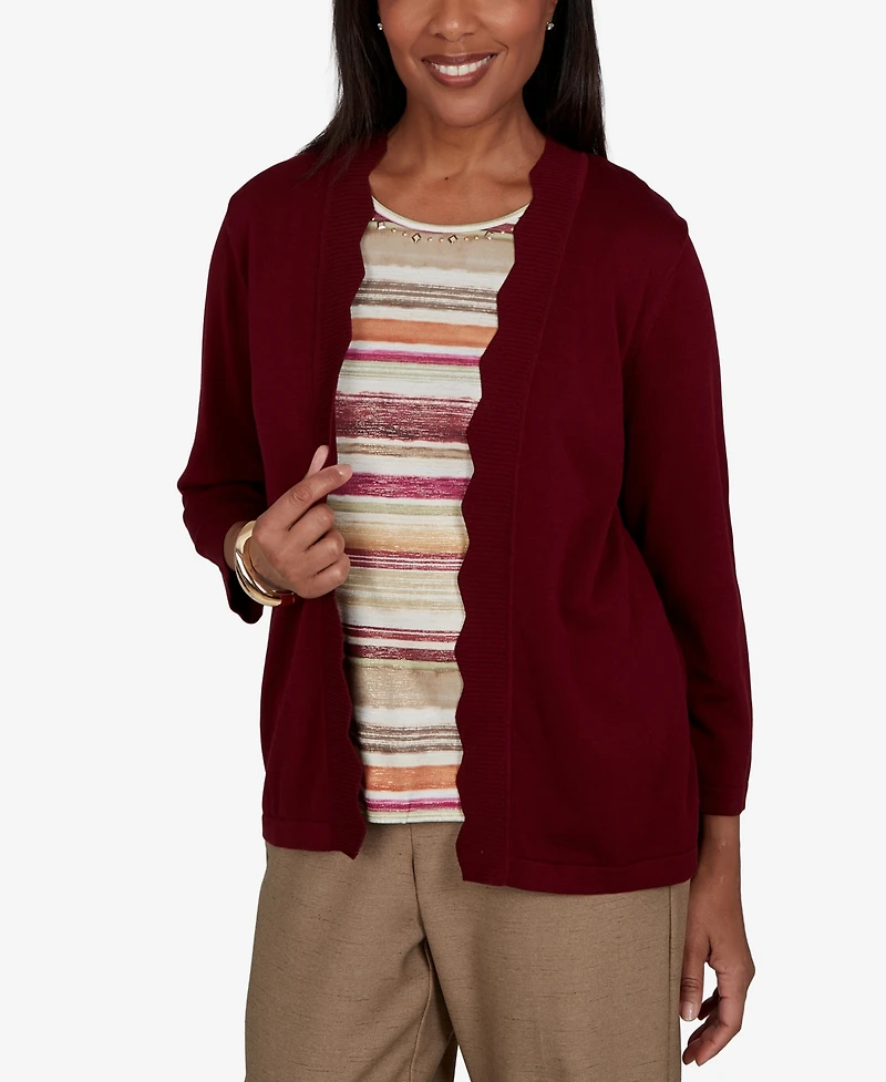 Alfred Dunner Petite Union Square Scalloped Cardi Two One Striped Sweater