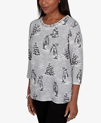 Alfred Dunner Petite Classic Penguins And Trees Knit Top