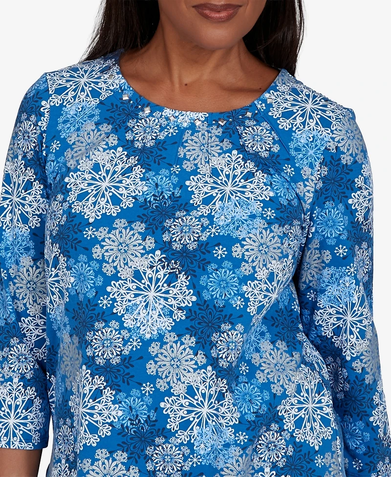 Alfred Dunner Petite Classic Blue Snowflake Print Knit Top