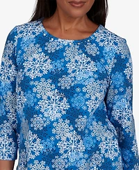 Alfred Dunner Petite Classic Blue Snowflake Print Knit Top