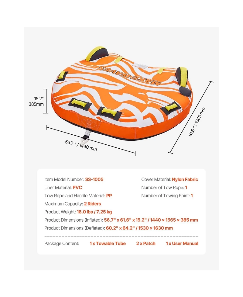 Sevorley Inflatable Towable Tube for Boating, 1-2 Riders Water Sports Tube with Fins, 340 lbs Capacity