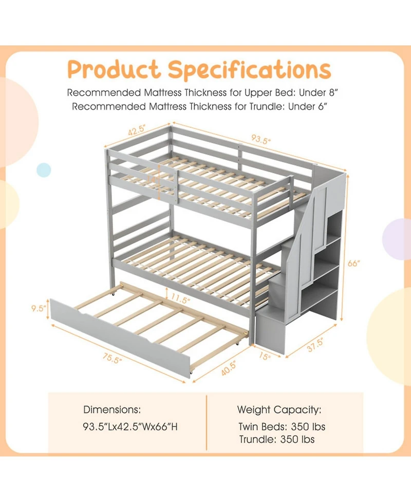 Gouun Twin Over Twin Bunk Bed with Trundle and 4-Step Storage Stair Tower