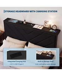 homfan Set of 2 Upholstered Twin Platform Bed Frame with Charging Station Headboard and Storage Drawers, Metal