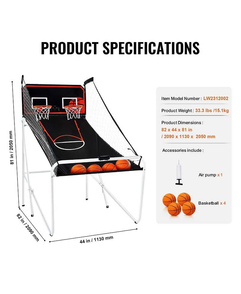 Sevorley Foldable Basketball Arcade Game, 2-Player Indoor Dual Shot Hoops with 4 Balls, 8 Game Modes, Electronic Scoreboard and Pump