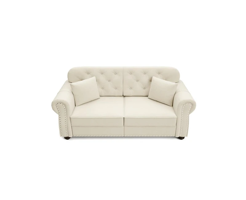 Rainsken 63" Mid-Century Velvet Sofa, Button Tufted Couch with Nailhead Trim, Rolled Armrests and 2 Pillows for Living Room, Apartment, Small Space