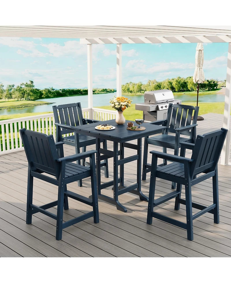 homfan 5-Piece Outdoor Bar Set – Square Table with Umbrella Hole and 4 Armrest Stools, All-Weather Hdpe Furniture for Backyard and Deck