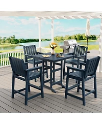 homfan 5-Piece Outdoor Bar Set – Square Table with Umbrella Hole and 4 Armrest Stools, All-Weather Hdpe Furniture for Backyard and Deck
