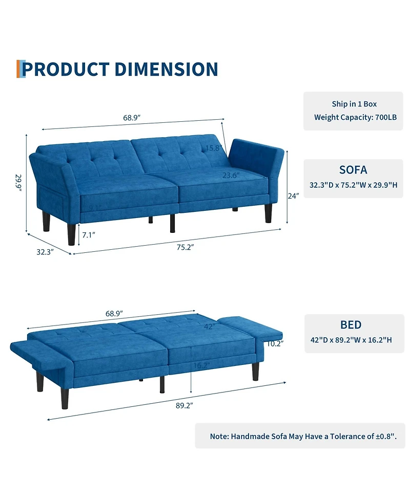 homfan 89" Futon Sofa Bed, Modern Sleeper Couch with Adjustable Backrest and Armrest, Convertible Bed Deep Seat for Living Room Bedroom