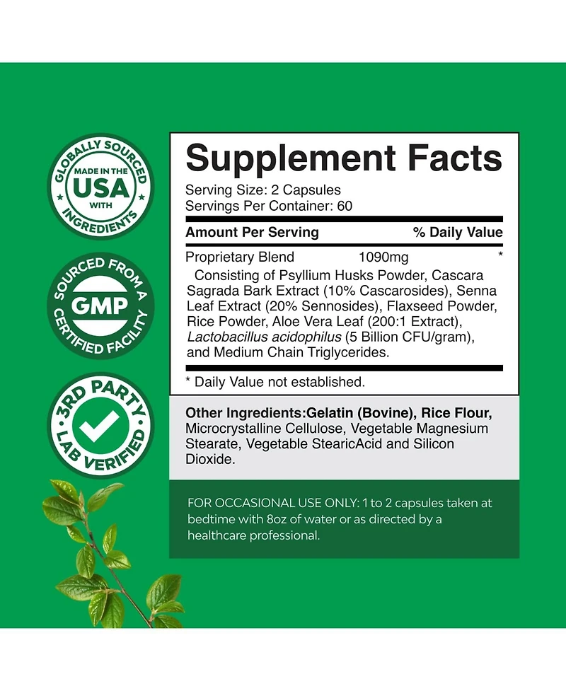 Nature's Craft Herbal Laxative Capsules with Probiotics, Senna Leaf, Psyllium Husk and Cascara Sagrada, Gentle Relief for Women and Men, 120 Count