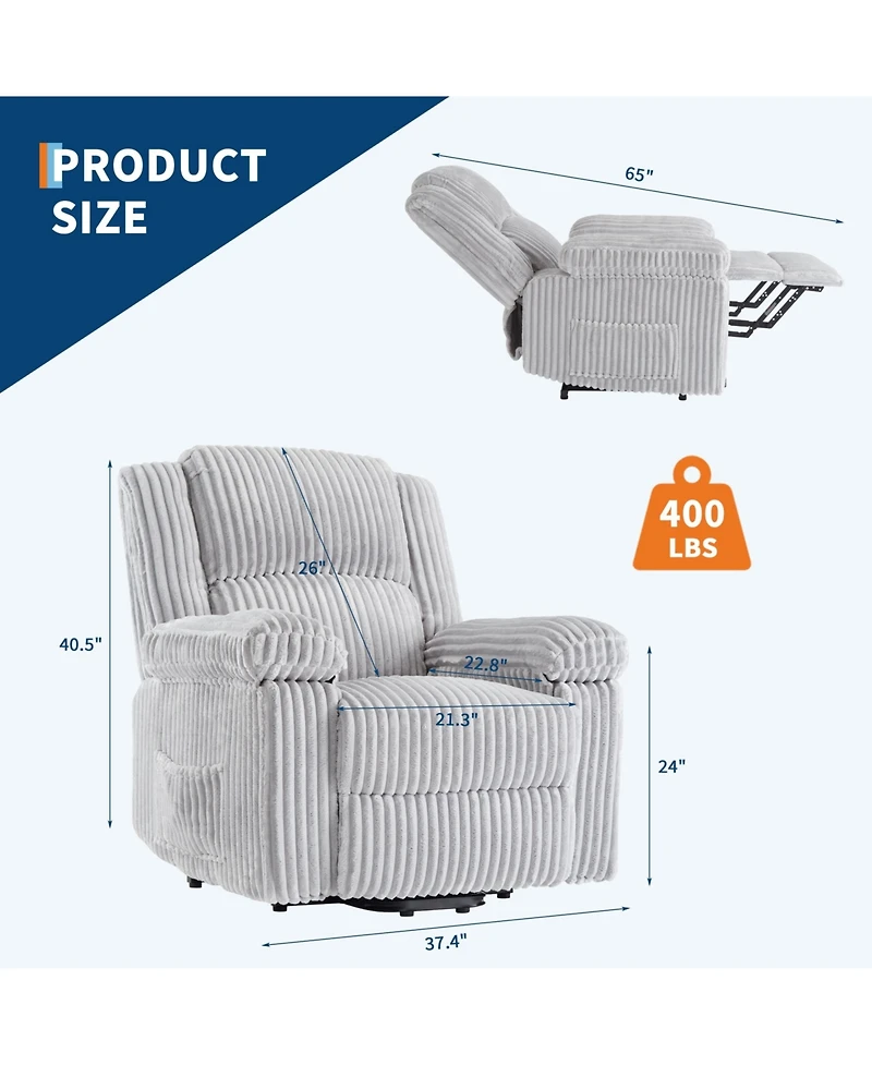 homfan Corduroy Manual Recliner Chair with Pillow Top Arms and Side Pocket, 330 lb Capacity