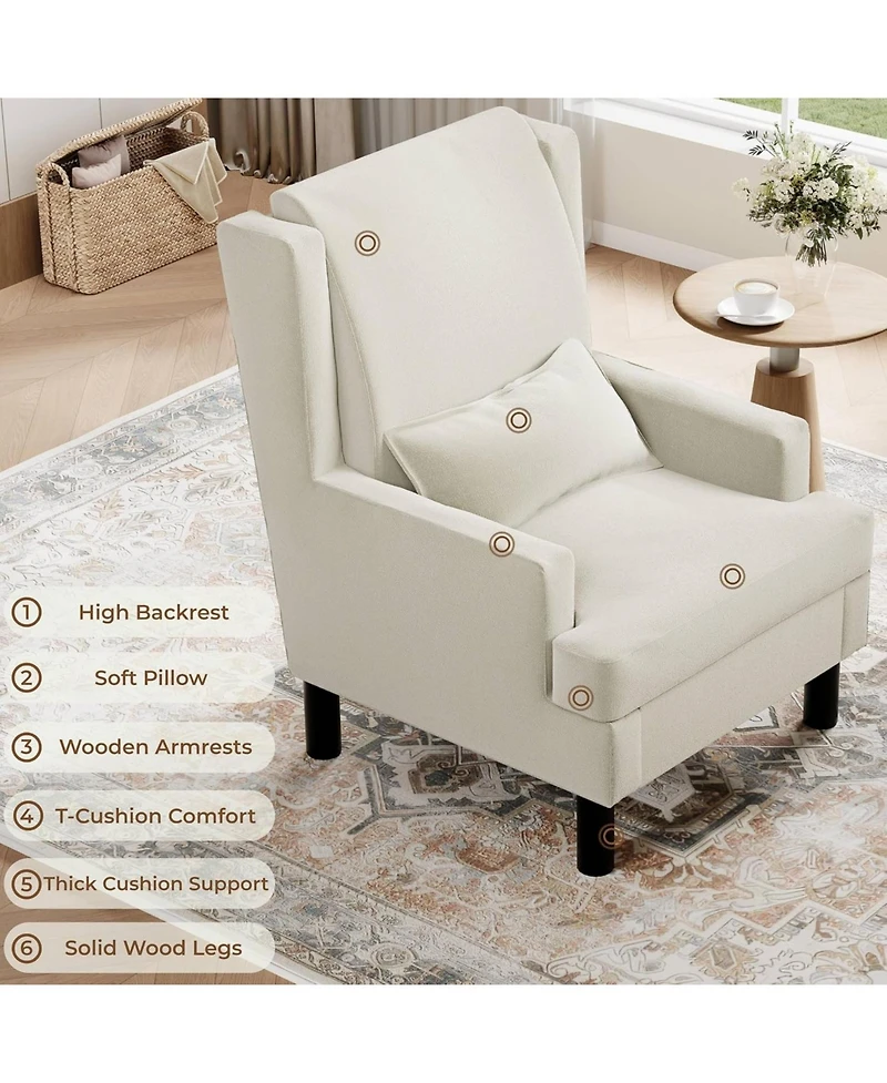 homfan Chenille Wingback Accent Chair with Lumbar Pillow, Mid-Century Modern Reading Chair