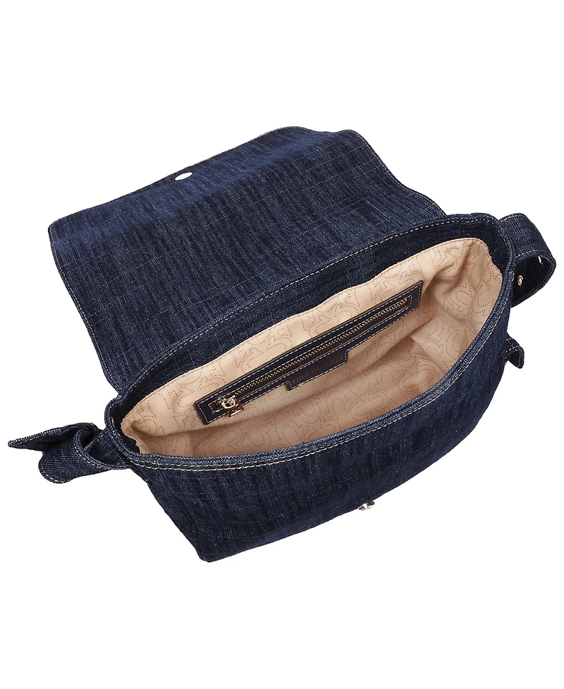True Religion Women's Varsity Logo Zip Pocket Denim Messenger Bag – Dark Denim Crossbody Bag