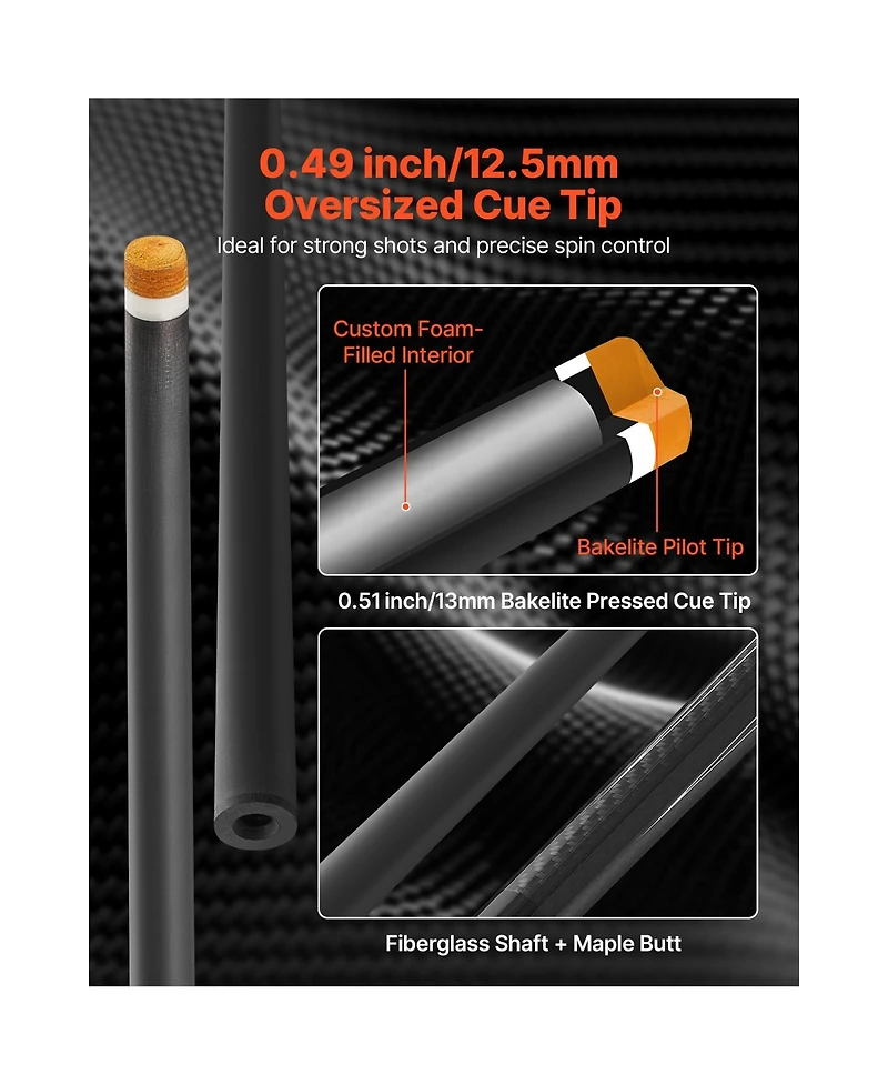 Sevorley Carbon Fiber Pool Cue Stick, 58 in 19 oz Billiard Cue with Bakelite Tip and Abs Ring for Pool Table, Bar and Home