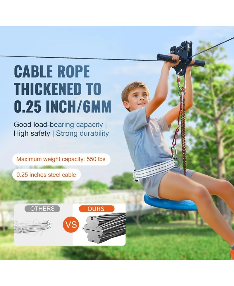 Sevorley Zipline Kit for Kids and Teens, 100 ft Backyard Zip Line up to 500 lb with Spring Brake and Seat