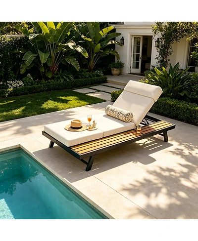 Asagikoiai Adjustable Acacia Wood Outdoor Chaise Lounge Chair with 4-Fold Cushion and Iron Frame
