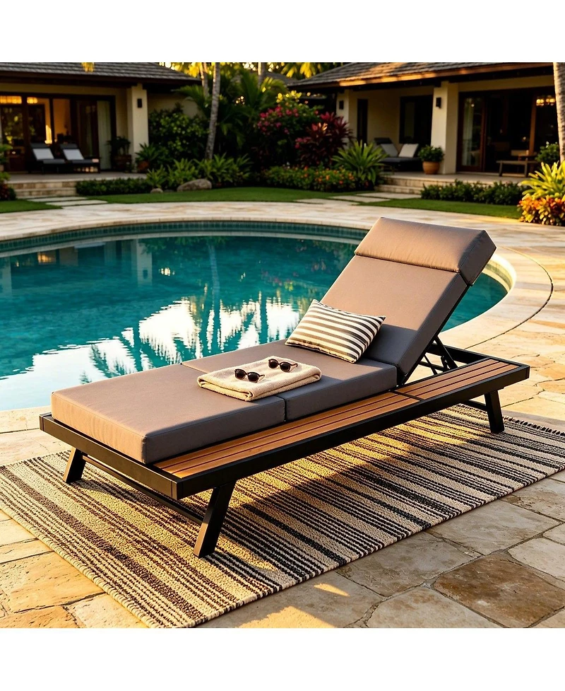 Asagikoiai Adjustable Acacia Wood Outdoor Chaise Lounge Chair with 4-Fold Cushion and Iron Frame