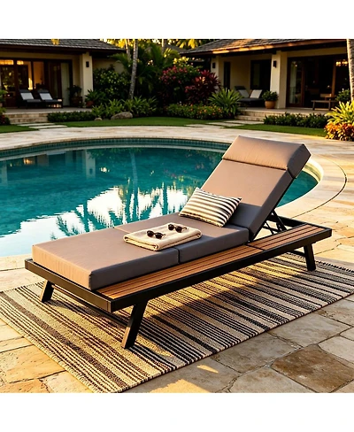 Asagikoiai Adjustable Acacia Wood Outdoor Chaise Lounge Chair with 4-Fold Cushion and Iron Frame