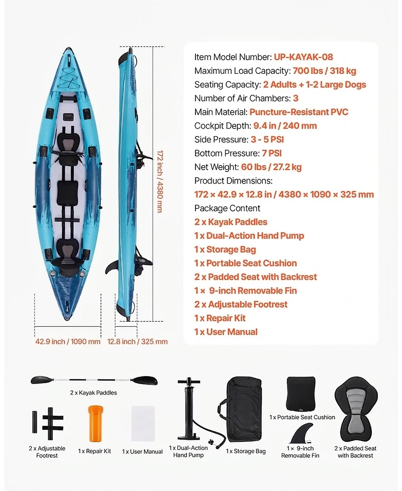 Sevorley 2-Person Inflatable Kayak, 700 lb Capacity with 2 Paddles, Hand Pump and Carry Bag