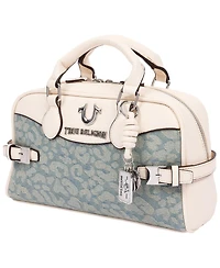 True Religion Brooks Leopard Denim Belted Satchel with Horseshoe Charm and Detachable Crossbody Strap