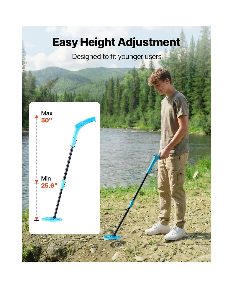 Sevorley Lightweight Metal Detector for Kids and Beginners, 6-Inch IP68 Waterproof Coil, Lcd Display, Adjustable 25.6-36.6 in Gold Detector
