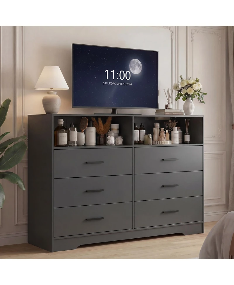 homfan 47" Wide 6 Drawer Dresser with Charging Station and Open Shelf, Chest Deep Drawers, Modern Tv Storage Organizer for Living Room