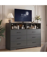 homfan 47" Wide 6 Drawer Dresser with Charging Station and Open Shelf, Chest Deep Drawers, Modern Tv Storage Organizer for Living Room