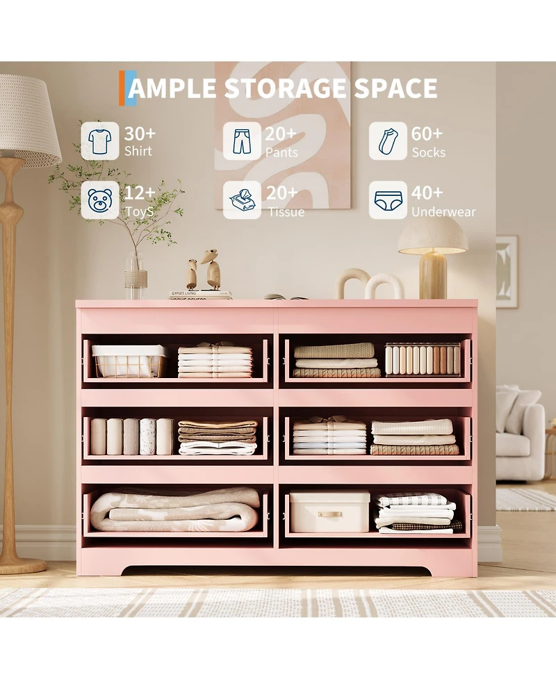 homfan Modern Wide Wooden 6 Drawer Double Dresser, Deep Storage Chest, Anti-Tip, Elegant Organizer for Bedroom, Girls, Nursery, Entryway