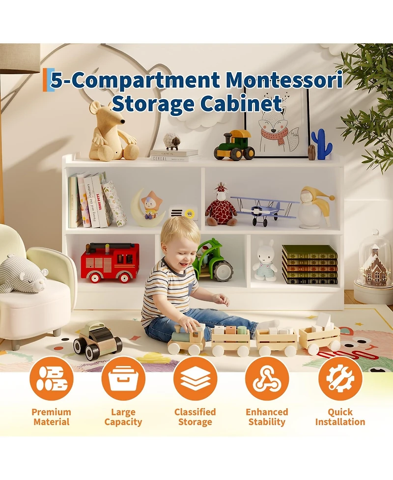 homfan Wooden Bookshelf, 5-Section 2-Tier Toy Storage Organizer, Open Shelving Kids Book Shelf for Playroom Nursery Classroom Kindergarten