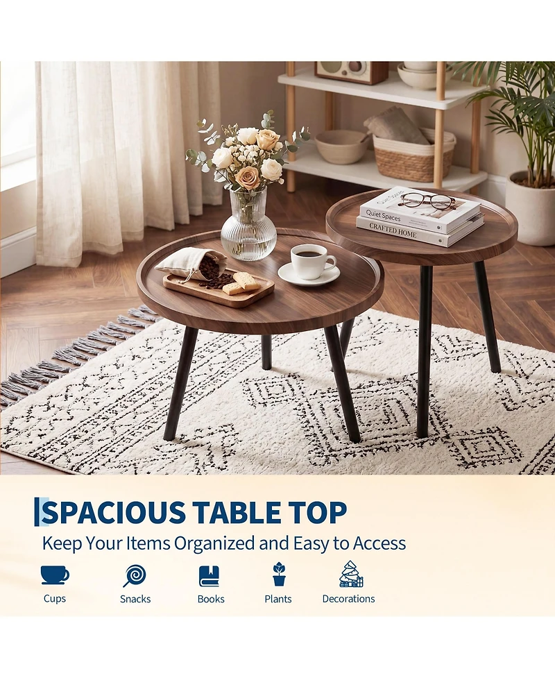 homfan Round Nesting Coffee Table Set of 2, Wood and Metal, Raised-Edge Accent Table
