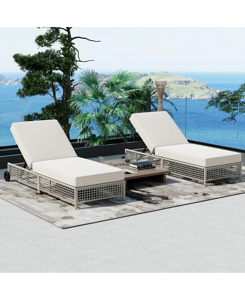 Asagikoiai Outdoor Lounge Chair, 5-Position Rattan Patio Chaise with Wheels and Cushion